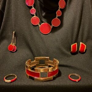 Gold-Tone Red Enamel Jewelry Set - Necklace, Bracelet, Earrings, Rings